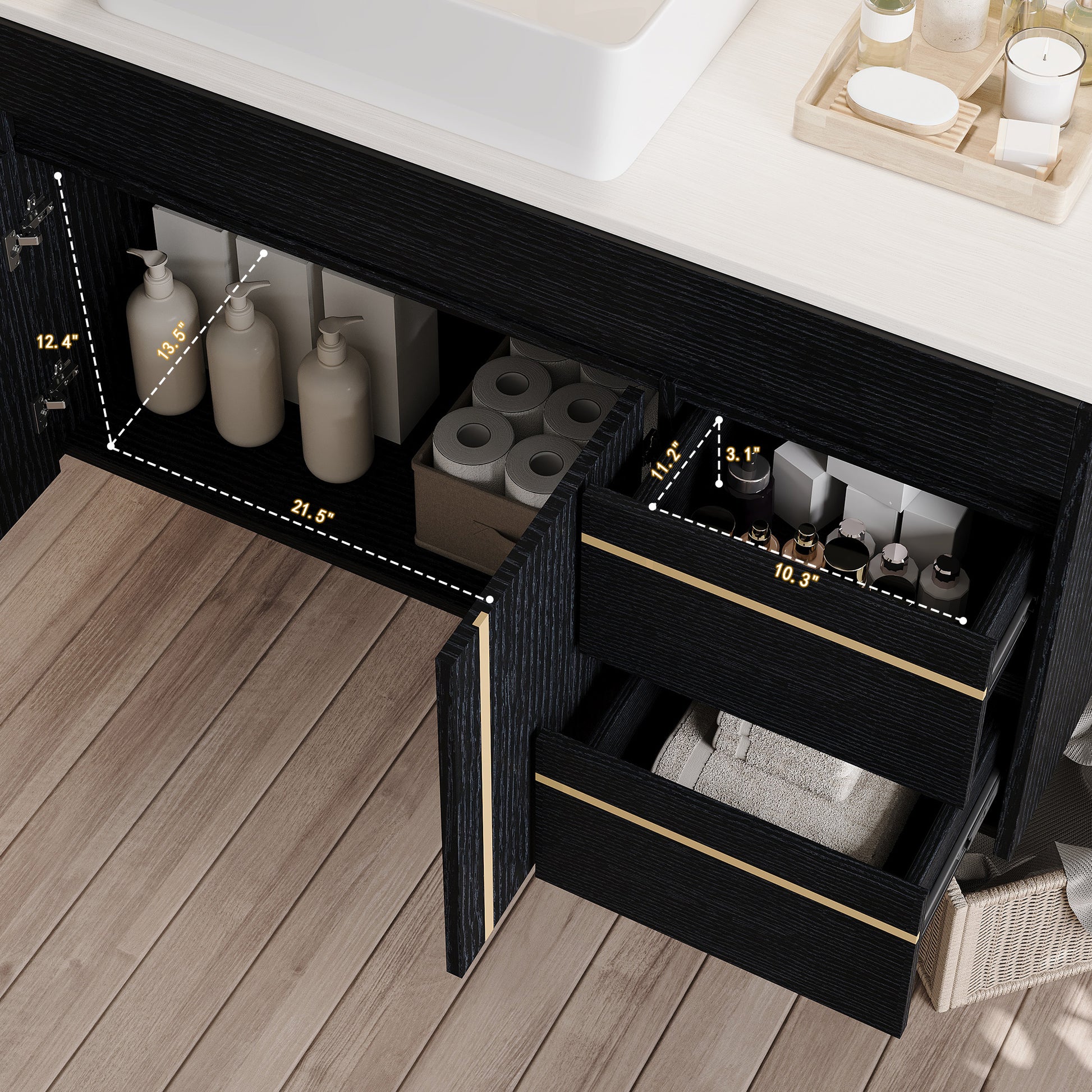 36" Wall-Mounted Bathroom Vanity with Vessel Ceramic Sink & Plywood Countertop – Soft-Close Door & Drawers, Floating Design image 10