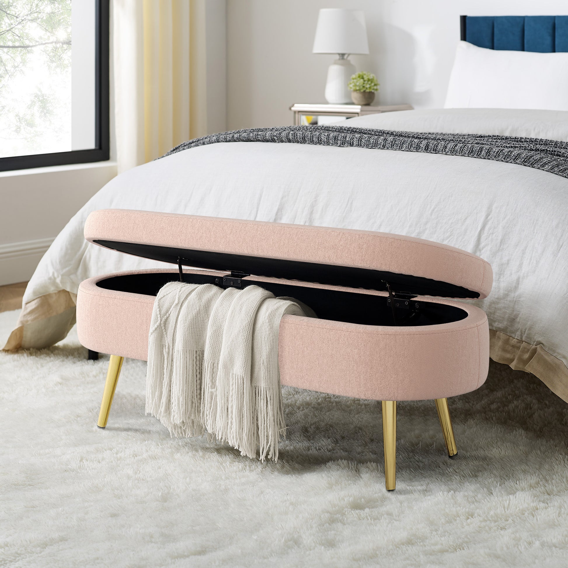 Ottoman Oval Storage Bench, Flannel with Metal Legs-Pink(43.5"x16"x16") image 2