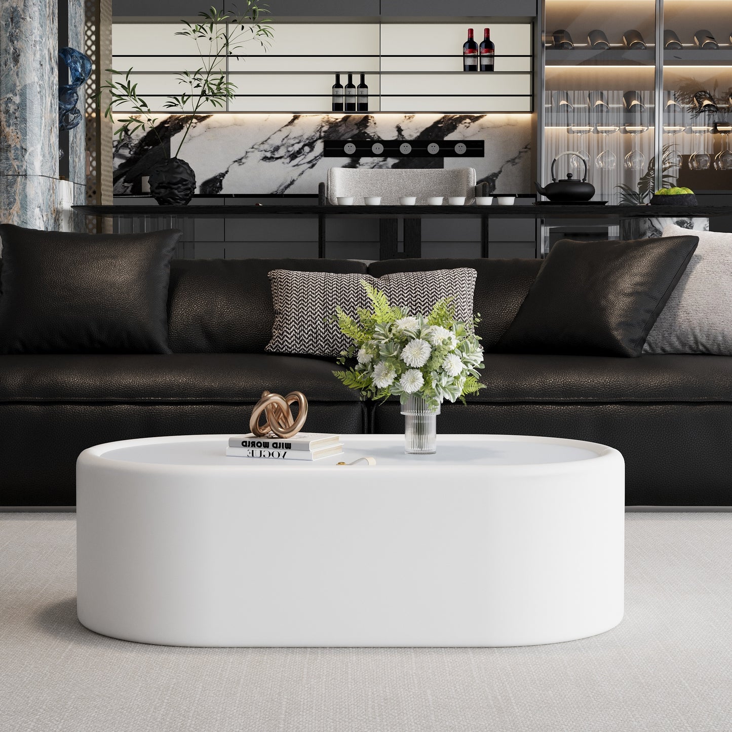 33.46" Oval Hidden Storage Coffee Table - 3C Certified Tempered Glass Top & Premium Leather Upholstered, Modern White Storage Coffee Table for Living Room image 2