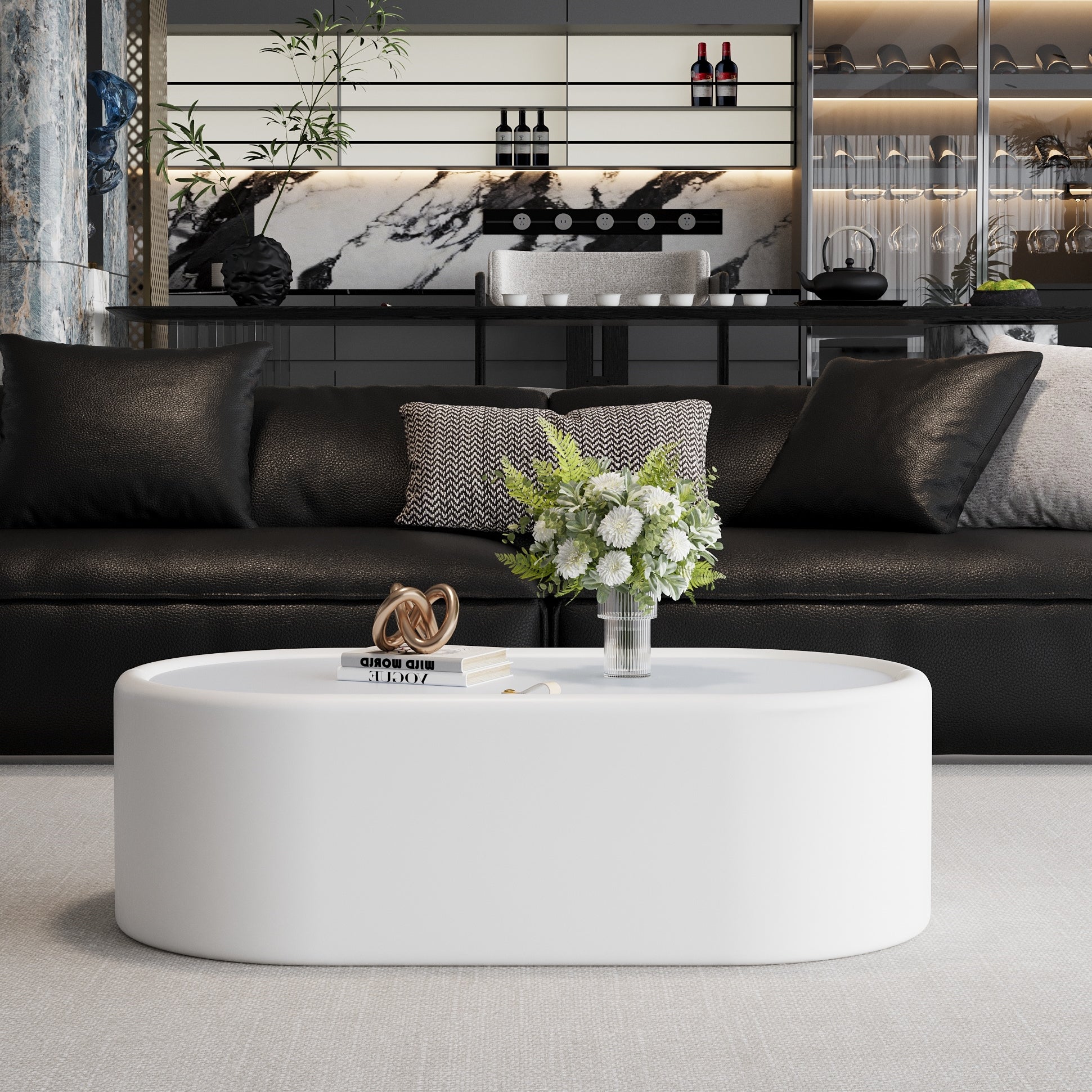 33.46" Oval Hidden Storage Coffee Table - 3C Certified Tempered Glass Top & Premium Leather Upholstered, Modern White Storage Coffee Table for Living Room image 2