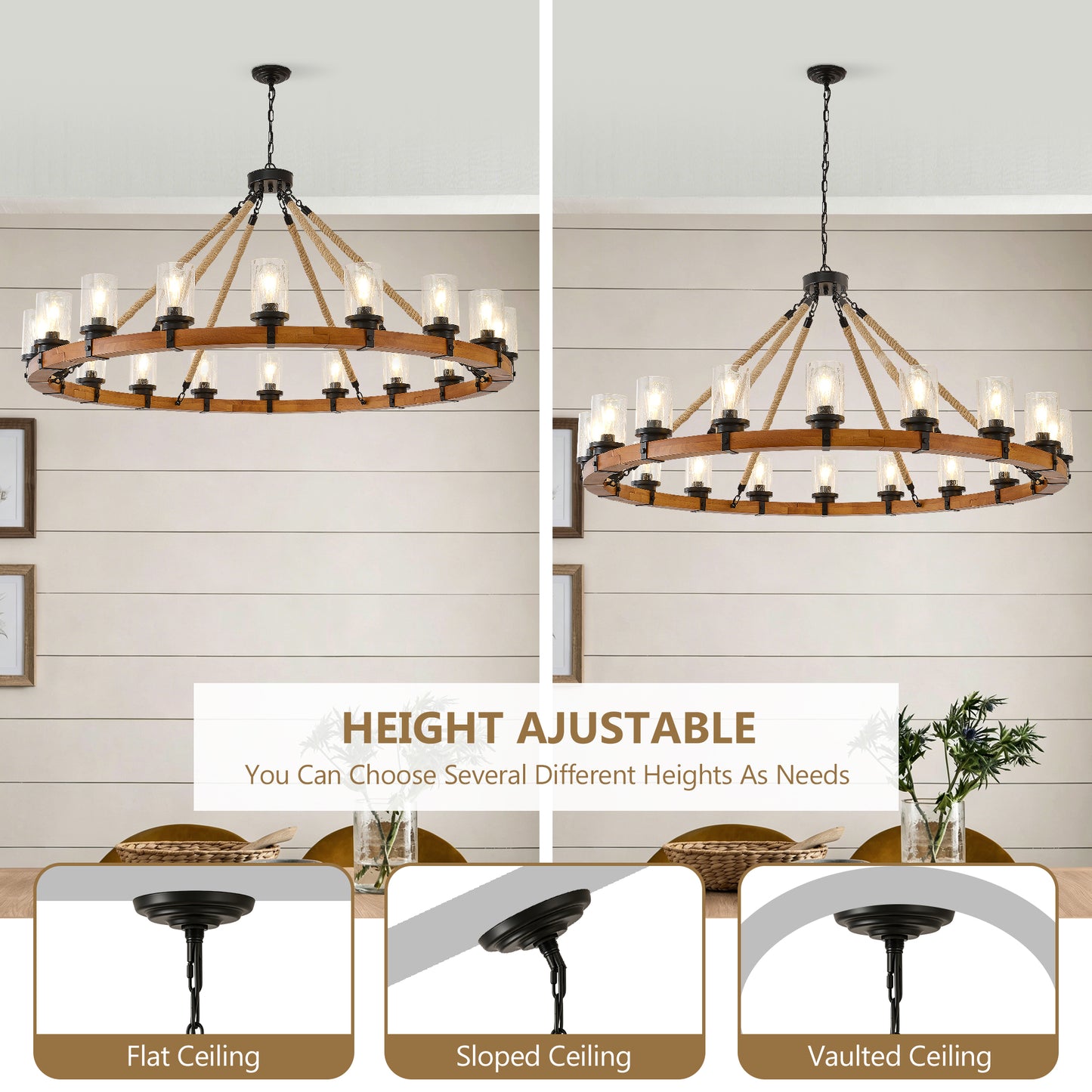 18-Light Rustic Wagon Wheel Chandelier,59"Wooden Pendant Light with Seeded Glass Shade,Industrial Chandeliers for Dining Room Kitchen lsland Foyer (Solid One-Piece Wood Frame Design)-NO INCLUDED BULBS image 12