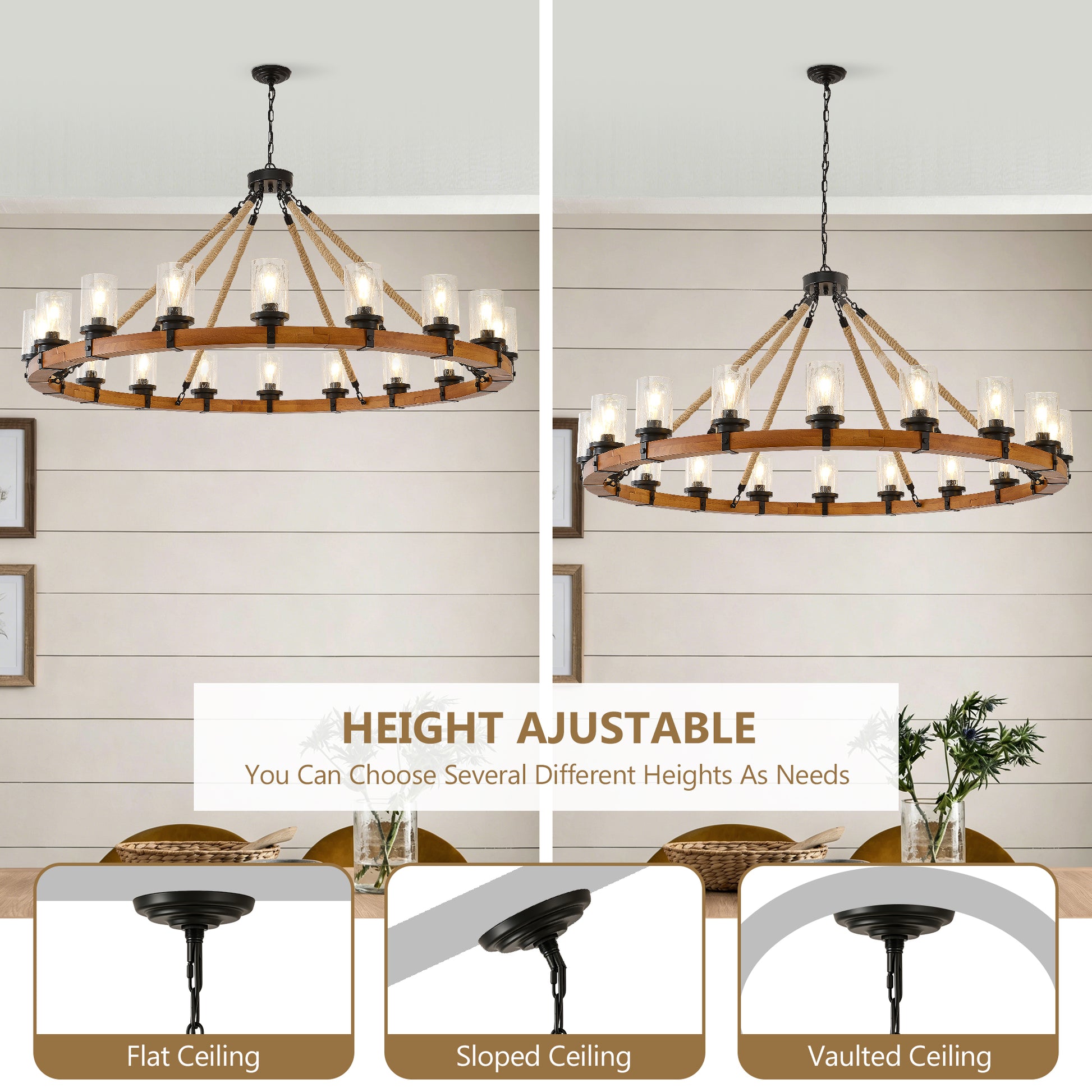 18-Light Rustic Wagon Wheel Chandelier,59"Wooden Pendant Light with Seeded Glass Shade,Industrial Chandeliers for Dining Room Kitchen lsland Foyer (Solid One-Piece Wood Frame Design)-NO INCLUDED BULBS image 12