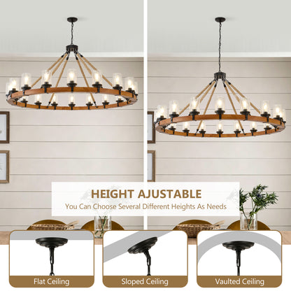 18-Light Rustic Wagon Wheel Chandelier,59"Wooden Pendant Light with Seeded Glass Shade,Industrial Chandeliers for Dining Room Kitchen lsland Foyer (Solid One-Piece Wood Frame Design)-NO INCLUDED BULBS image 12
