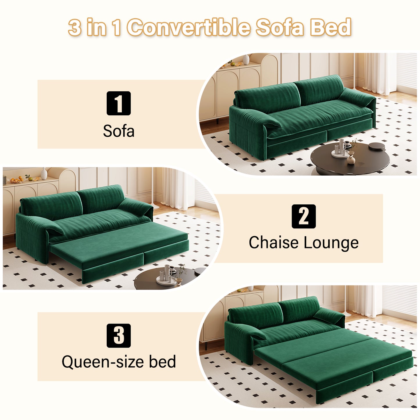 66" Queen Pull Out Sofa Bed, 3-in-1 Convertible Sleeper Sofa with Side Storage,Multi-Functional Velvet Loveseat Bed for Living Room,Bedroom,Apartment(Old Sku:W1885S00046/W1885S00116/W1885S00224) image 9