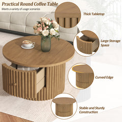 Round Coffee Table for Living Room in Natural, Farmhouse Coffee Table with a Drawer,  Center Table with Vertical Slat Base in 30.5"