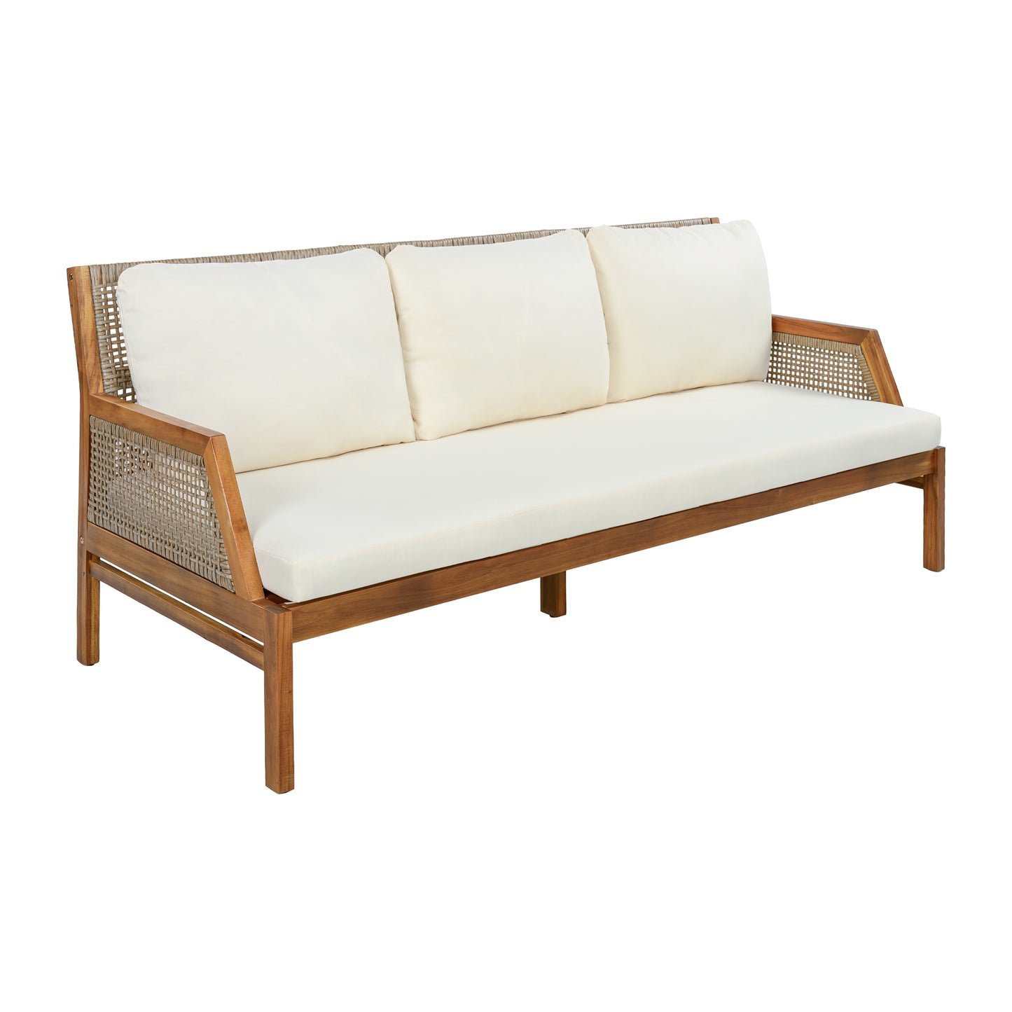 3 Piece Acacia Wood Patio Furniture Set, Outdoor Wicker Furniture Sectional Sofa Set with Coffee Table, 4 Seats Sofa Deep Seating with Soft Cushions for Garden, Backyard, Teak & Mix Brown & Cream image 6