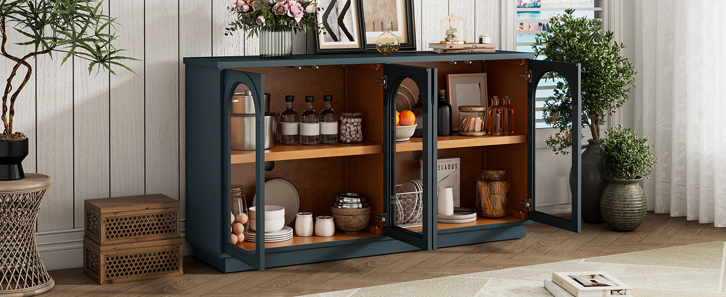 TREXM 4-Door Large Storage Buffet Cabinet with Glass Doors, Arched Cabinet with Adjustable Shelves for Kitchen, Dining Room and Living Room (Navy) image 3
