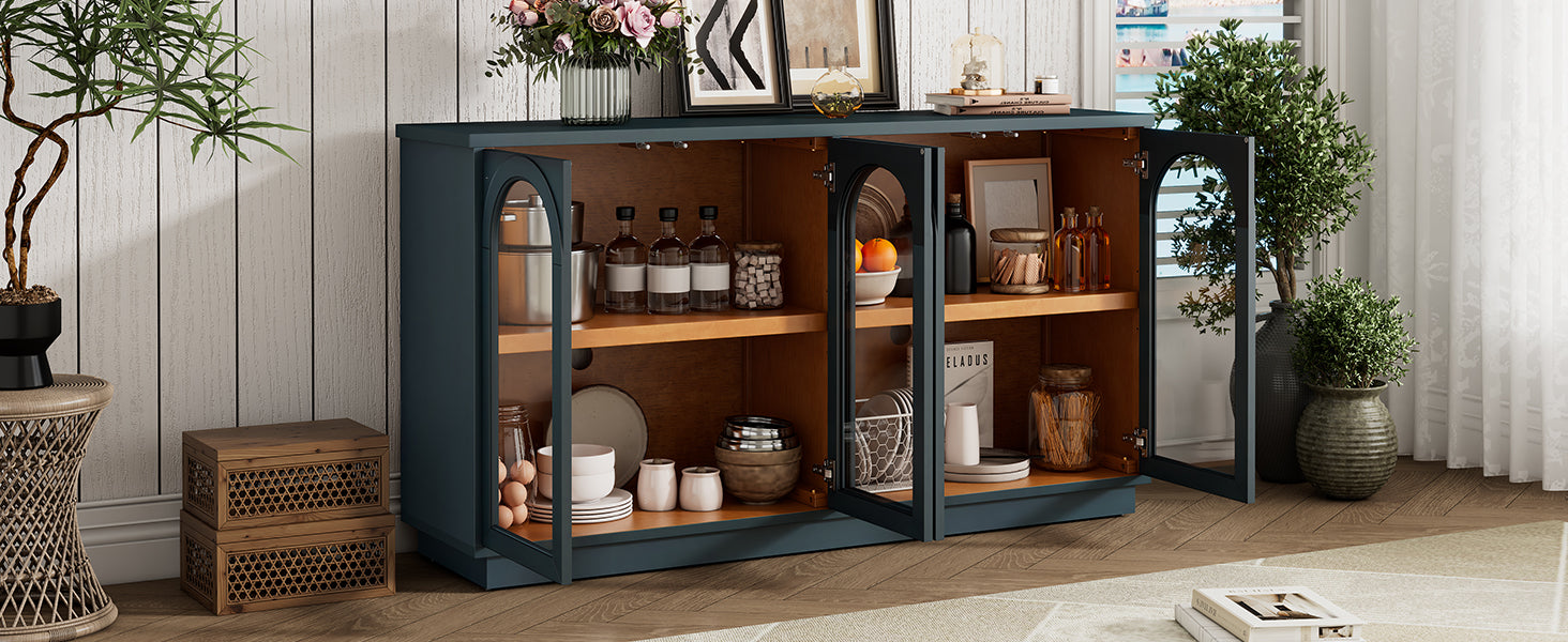 TREXM 4-Door Large Storage Buffet Cabinet with Glass Doors, Arched Cabinet with Adjustable Shelves for Kitchen, Dining Room and Living Room (Navy) image 3
