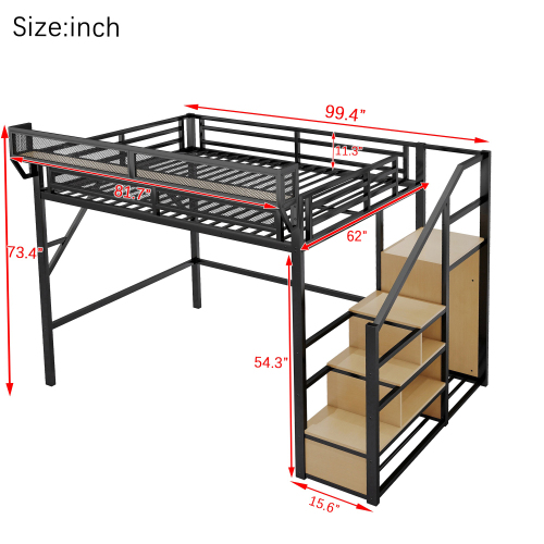 Queen Size Loft Bed with Stairs, Metal Queen Loft Bed with Storage Shelves, High Loft Bed with Wardrobe for Kids Teens Adults, Black(Old SKU W2580S00028) Patent Products image 4