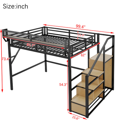 Queen Size Loft Bed with Stairs, Metal Queen Loft Bed with Storage Shelves, High Loft Bed with Wardrobe for Kids Teens Adults, Black(Old SKU W2580S00028) Patent Products image 4