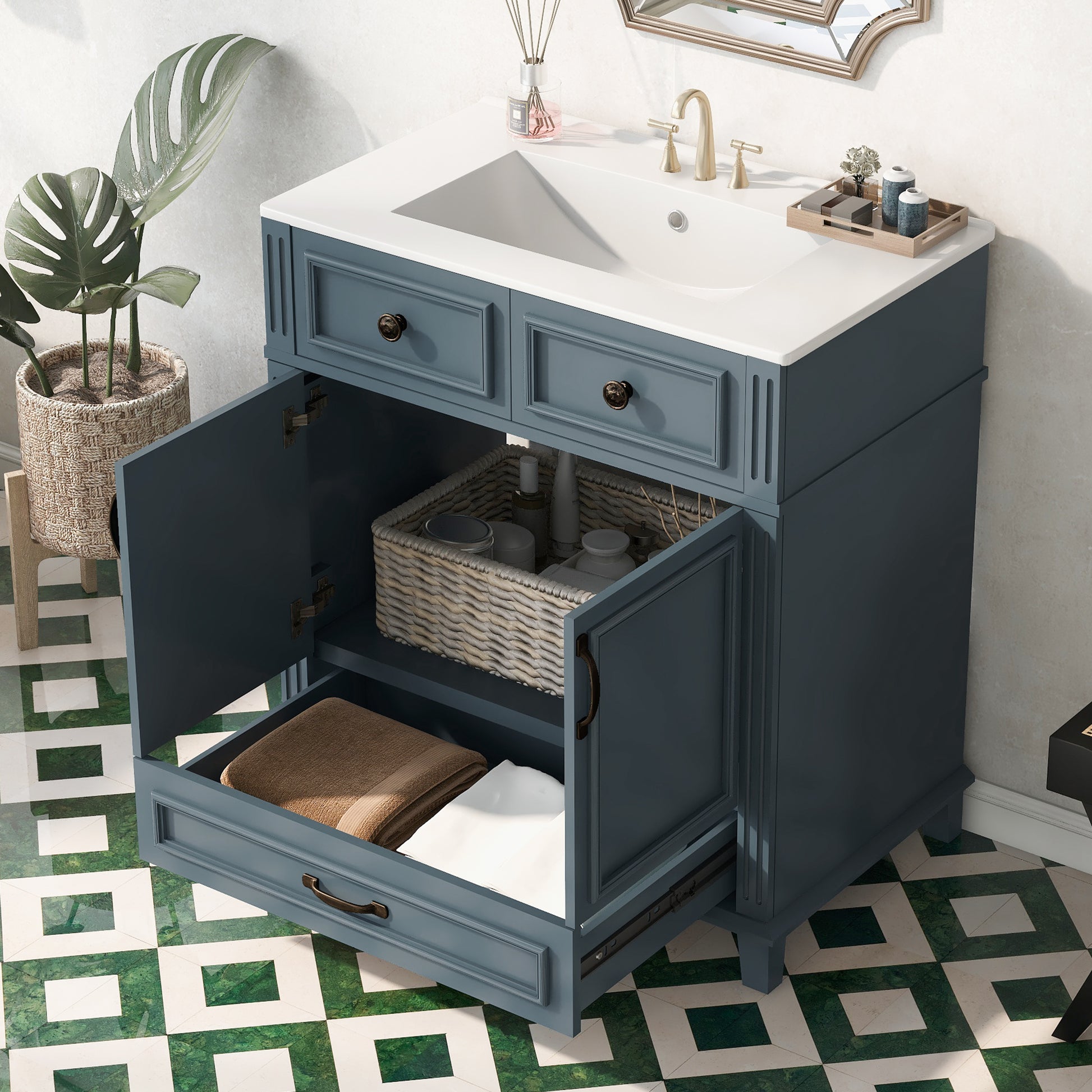 30'' Bathroom Vanity with Ceramic Sink,Solid Wood Frame Bathroom Storage Cabinet with Soft Closing Doors,Retro Style, Blue image 4