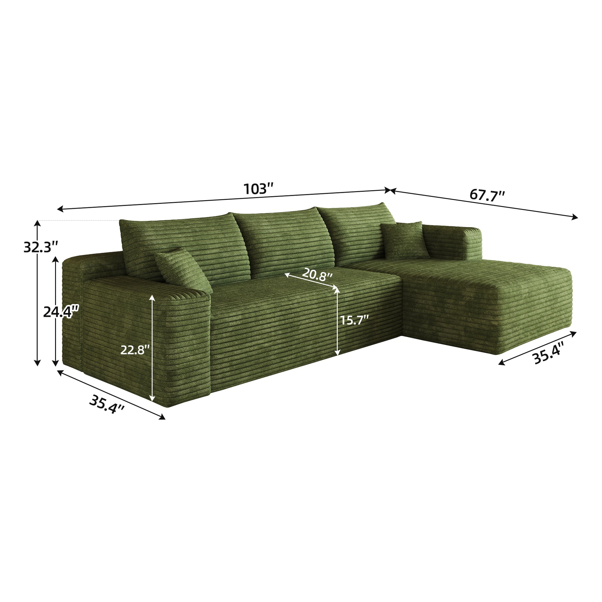 103" Cloud Sectional Sofa,Modern Minimalist Upholstered Couches, Comfort L Shaped Sofa for Living Room,Deep Seat Corner Couch,No Assembly Required,Green(Plush Corduroy Fabric) image 12