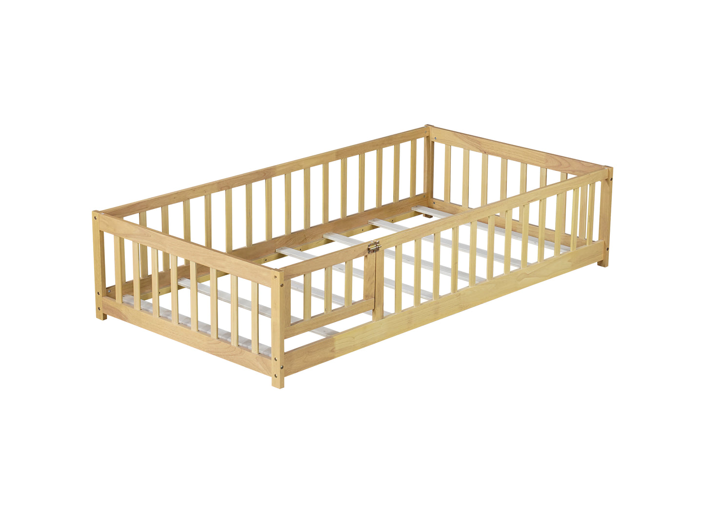 Twin Size Floor Bed with Fence and Door,Rubber Wood Floor Bed with Safety Guardrails,Natural (Old Sku W504P296778) image 8