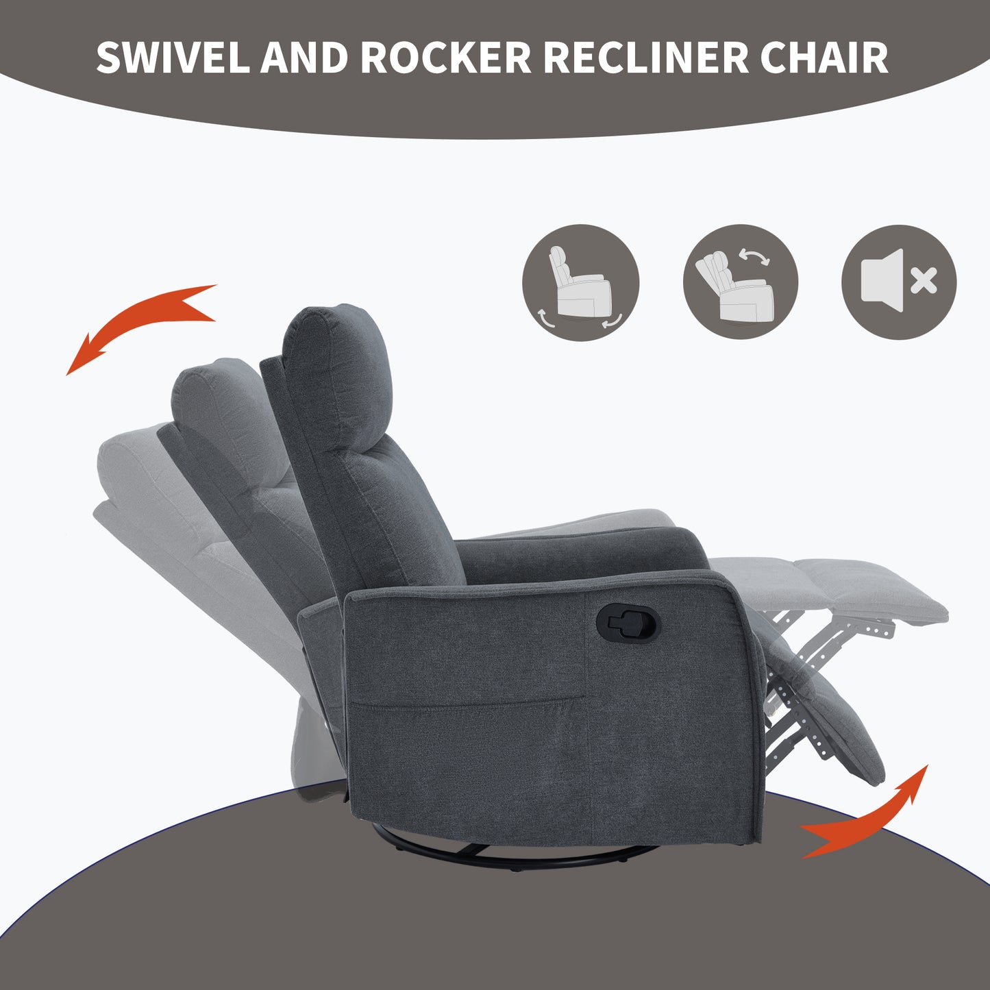 Heat Massage Manual Recliner Chair with Rocker and Swivel in Fabric for Living Room, Grey image 5