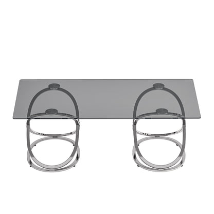 31.50'' Modern Rectangle Glass Coffee Table with Ring-Shaped Frames, Chrome Finish and Gray Tempered Glass, Luxury Center Table for Living Room, Bedroom and Office, Silver image 5