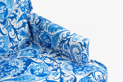 Upholstered Accent Chair, Vintage Armchair with Blue and white porcelain print Linen Fabric and Nailhead Trim for Living Room image 12