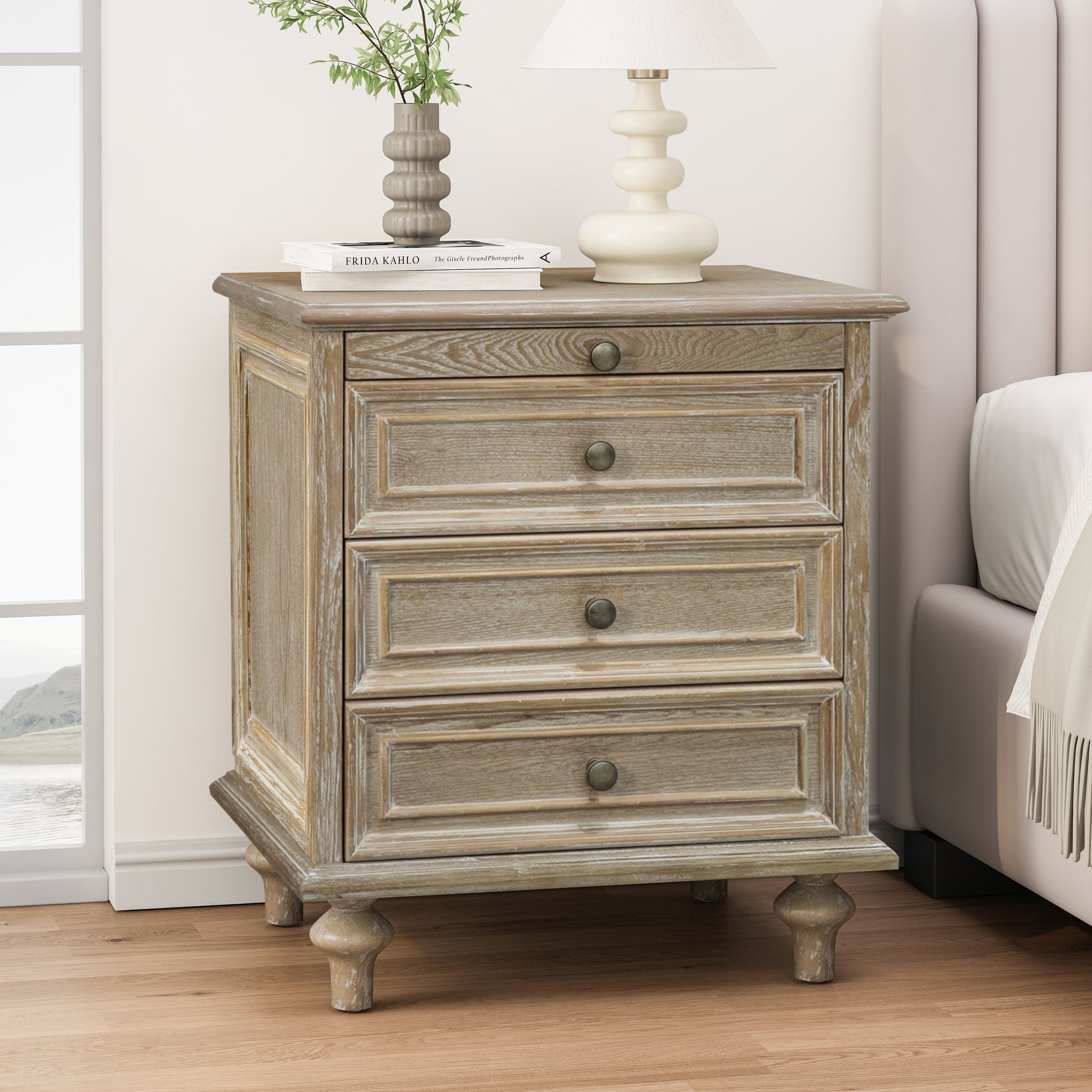 Farmhouse Nightstands with 4 Drawer,Wood Storage End Table with Hidden Pull-Out Shelf, Large Side Table with 4 Solid Wood Feet and Metal Handle,Easy Assembly,Natural image 1
