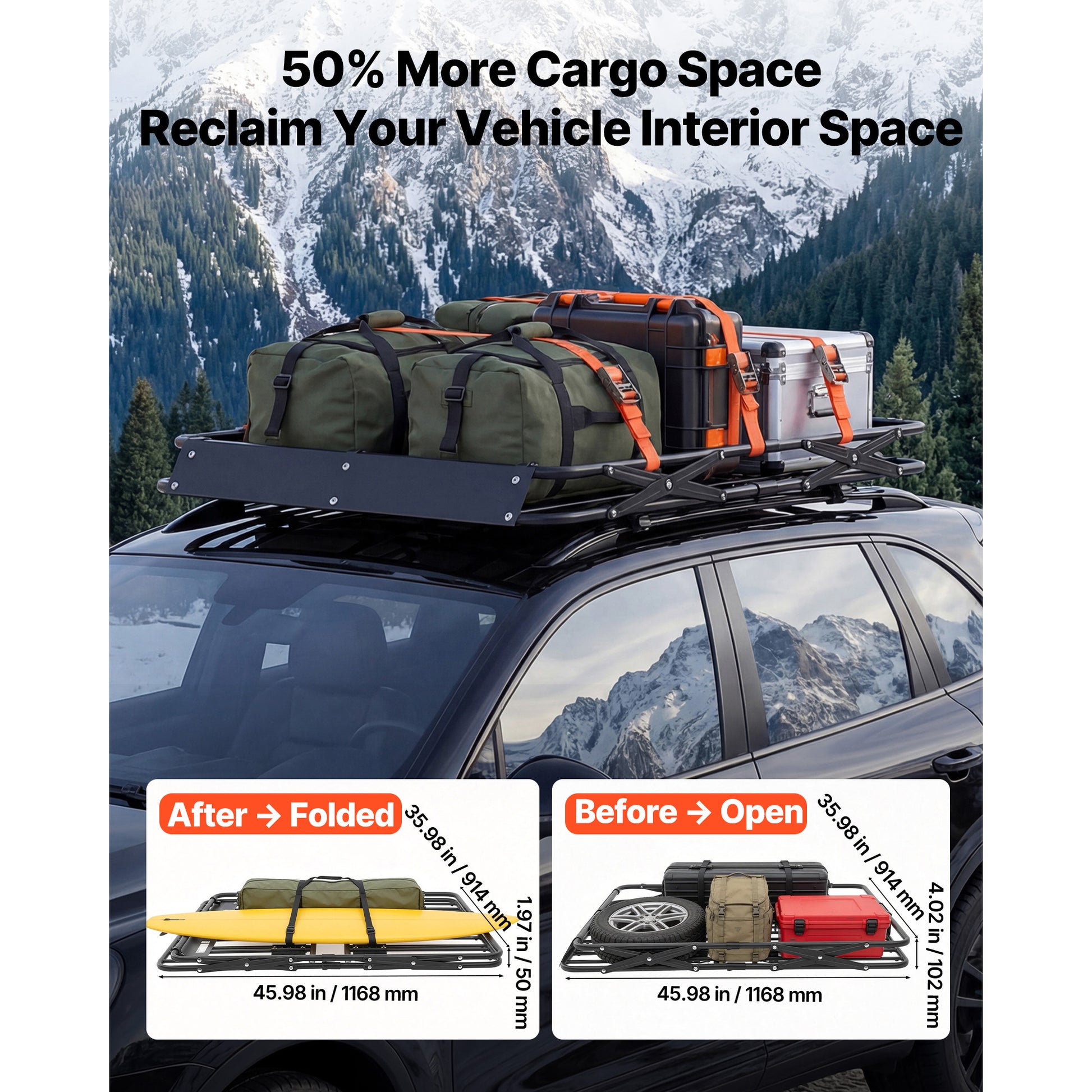 Roof Rack Cargo Basket, 46 x 36 x 4 in, Heavy Duty Roof Top Carrier Basket with Folding Design, 200 lbs Capacity, All-Weather Easy-Install Car Top Luggage Holder, Universal Fit for SUV Truck Car image 10