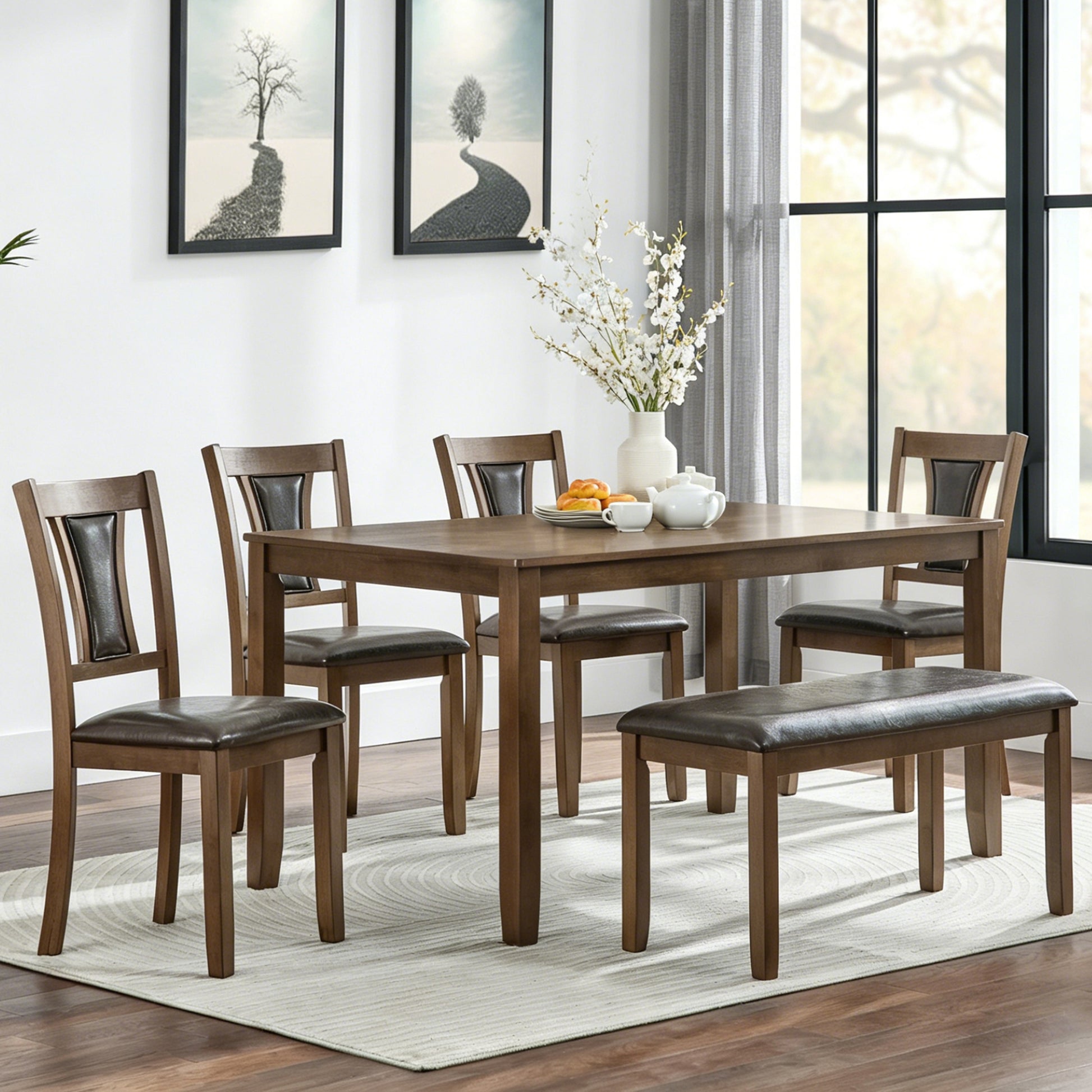 6-Piece Dining Table Set with Bench and Chairs, Wooden dining table set for 6 people, Farmhouse Rustic Style 6 Person Dining Table Set for Dining Room, Kitchen, Walnut image 1