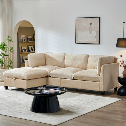 96.5" Sectional Couch for Living room, Upholstered Soft Chenille Fabric Sofa, 3-Seater with One Ottoman L Shape Sofa Light Coffee image 3