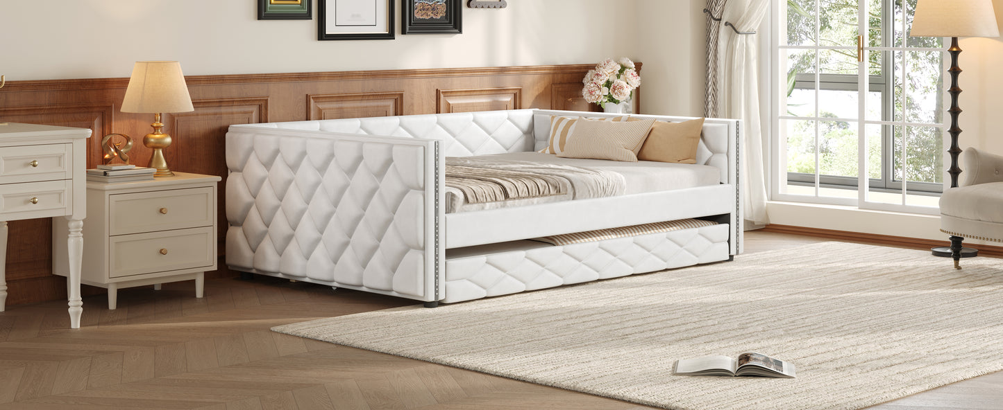 Full XL Size Upholstered Daybed with Trundle and LED, White image 9