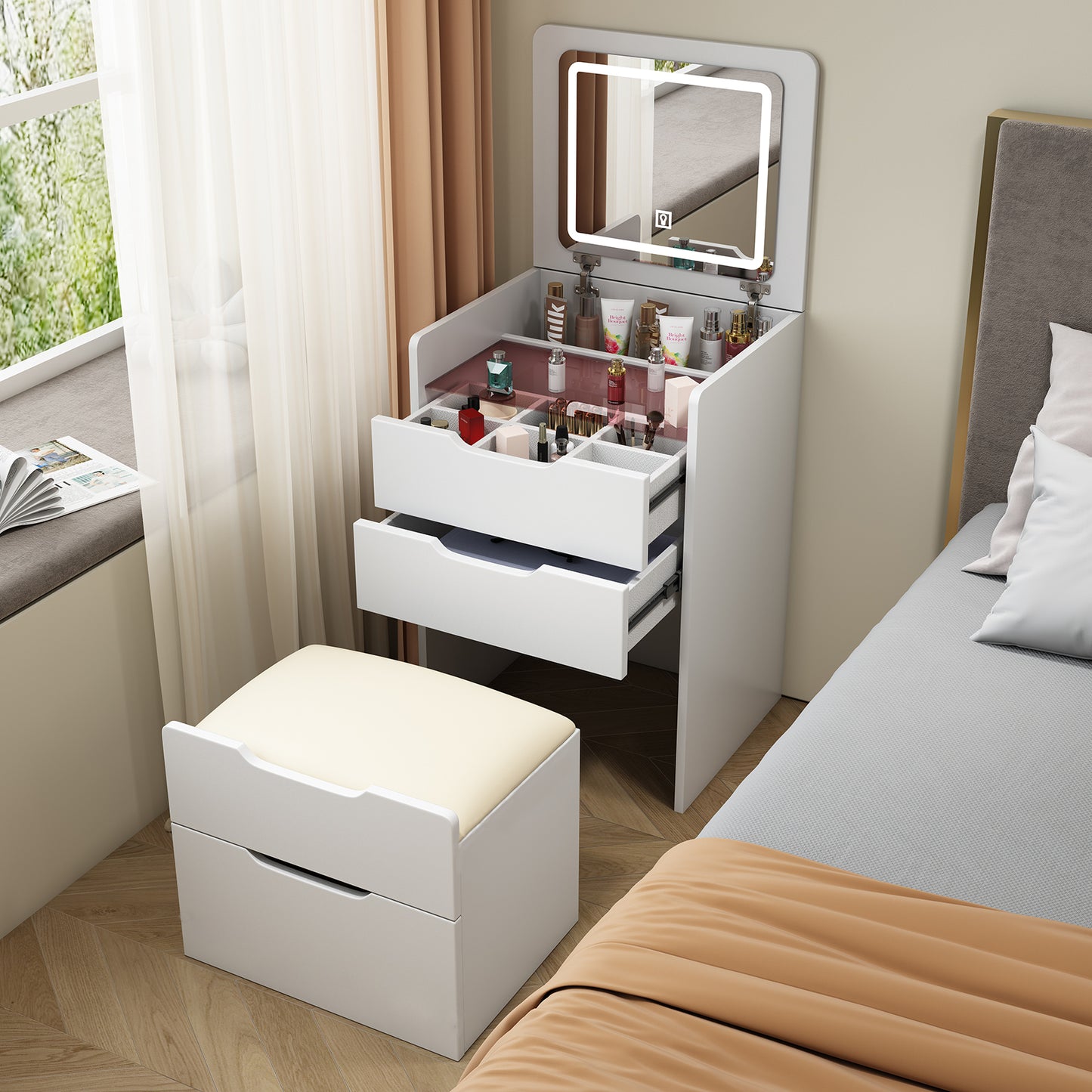 (48CM) 3 in 1 Vanity Desk with Plip Top Mirror, Small Make Up Vanity Set with Visible Glass Desktop, Compact Makeup Vanity with 3 Drawers, Dressing Table for Bedroom (WHITE COLOR) image 6