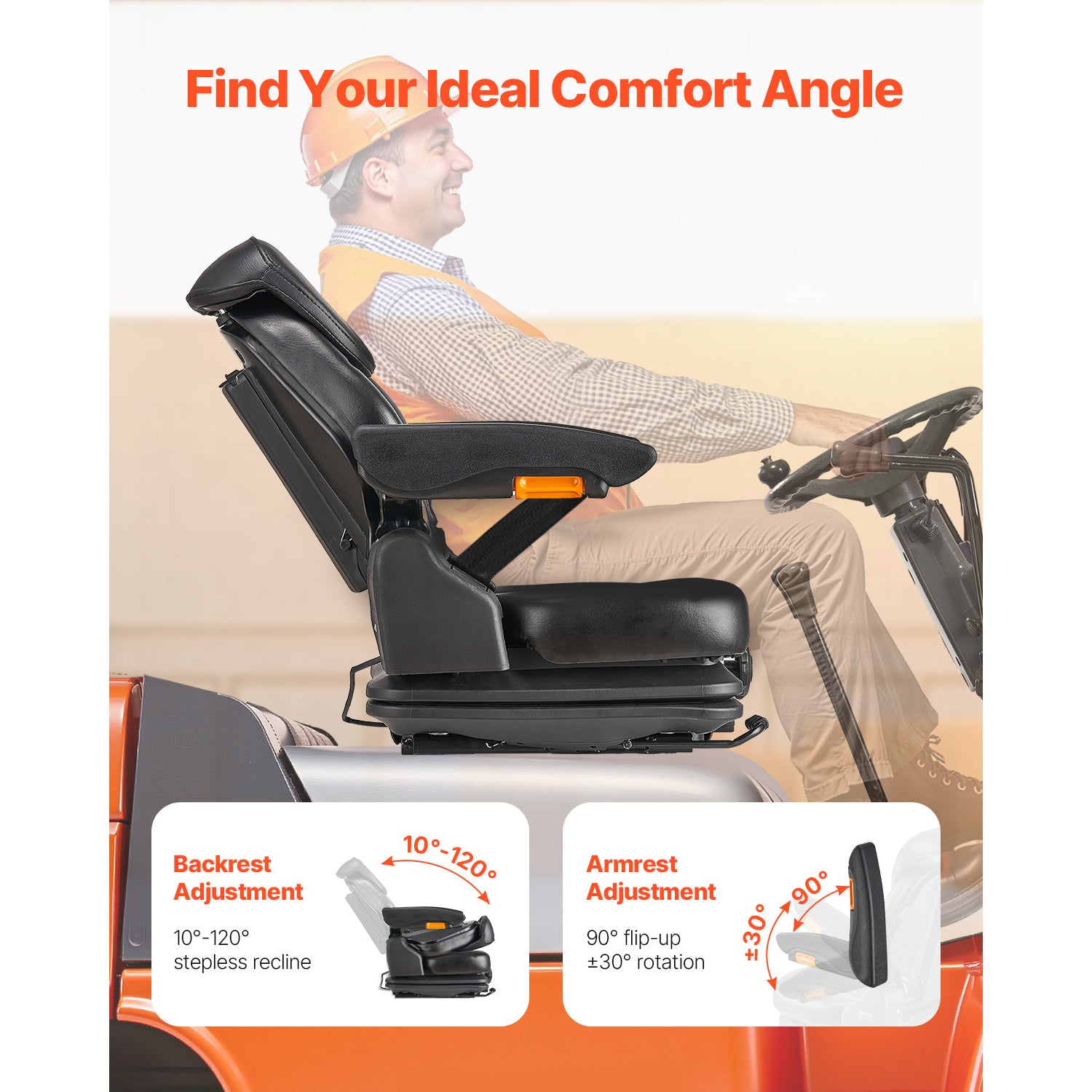 Forklift Seat Fold Down Tractor Suspension Seat Adjustable Back & Headrest image 7