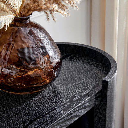 Double-layer Black curved foyer table - Black wood grain minimalist entrance small space living room sofa side table image 8