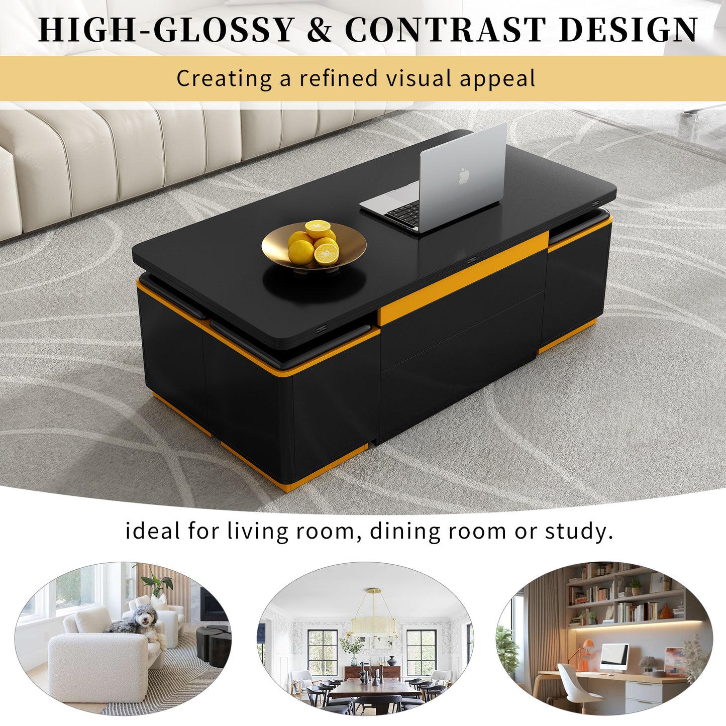 [Video Provided]VIBE HAUS Lift-Top Coffee Table with Storage Stools, Modern Center Table with Foldable Top, Multi-Functional Adjustable Coffee Table for Living Room(OLD SKU:N724P292506B) image 10