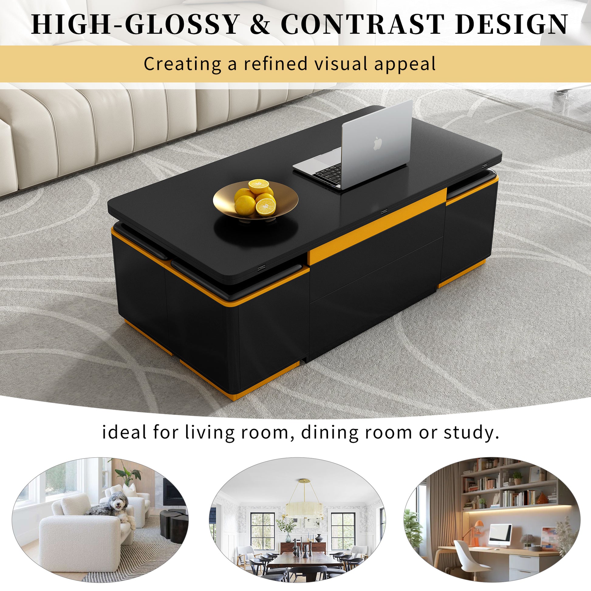 [Video Provided]VIBE HAUS Lift-Top Coffee Table with Storage Stools, Modern Center Table with Foldable Top, Multi-Functional Adjustable Coffee Table for Living Room(OLD SKU:N724P292506B) image 10