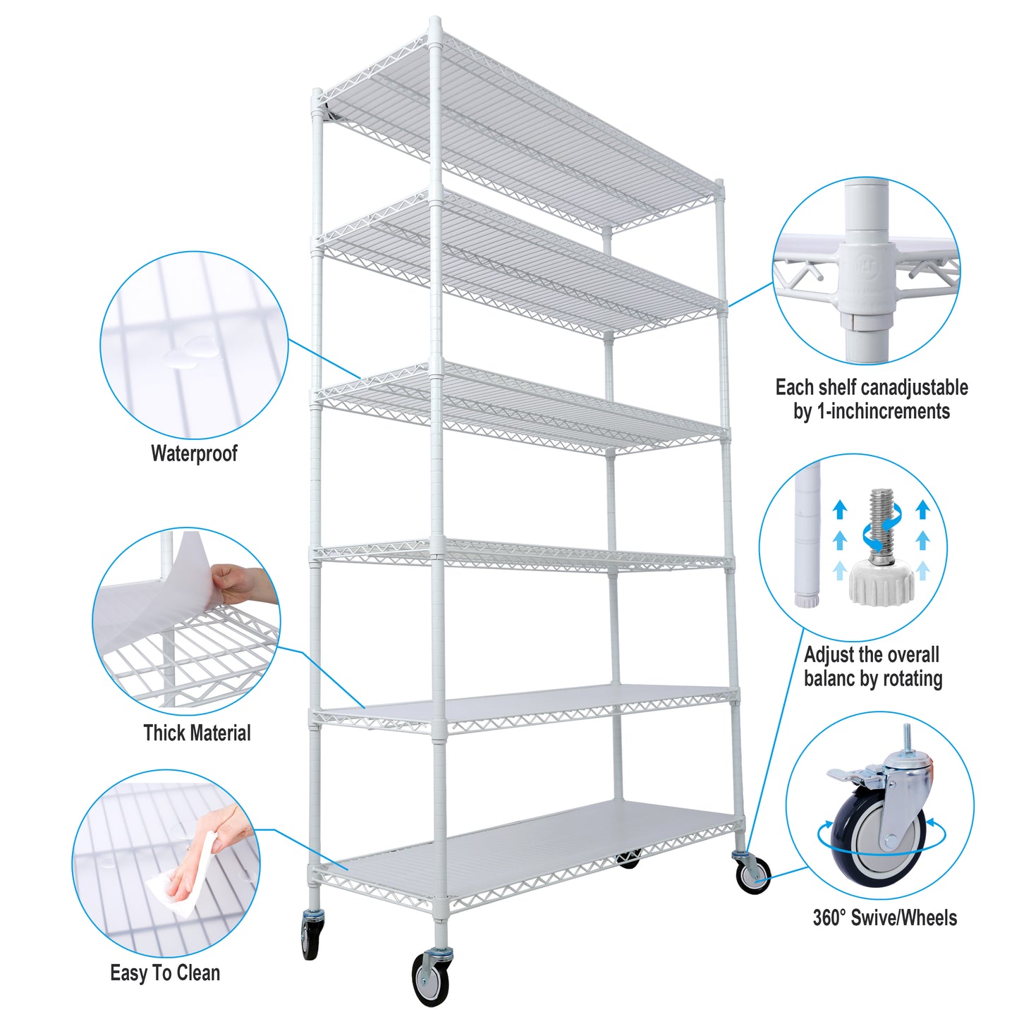 6 Tier 6000lbs Capacity NSF Metal Shelf Wire Shelving Unit, Heavy Duty Adjustable Storage Rack with Wheels & Shelf Liners for Commercial Grade Utility Steel Storage Rack, white - 84"H x 48"L x 20"D image 2