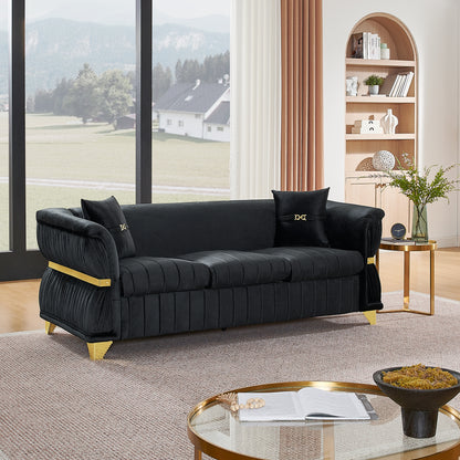 83.5"Modern Velvet 3-Seater Sofa with 2 Pillows, Upholstered Accent Couch with Gold Metal Trim, Tapered Gold-Tone Legs & Curved Armrests for Living Room, Bedroom & Apartment, Black image 2