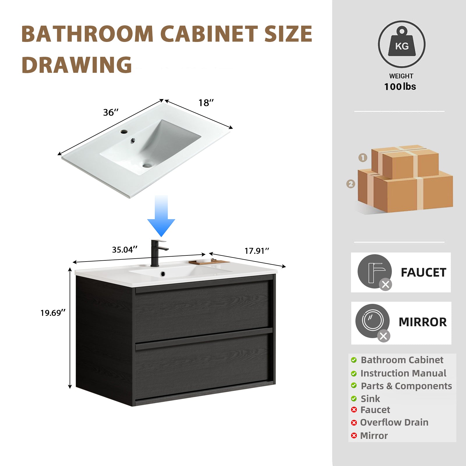 36 Inch Bathroom Vanity Cabinet With Ceramic Sink - Gray Wall Mounted Floating Fluted Vanity With Drawers, Modern image 6