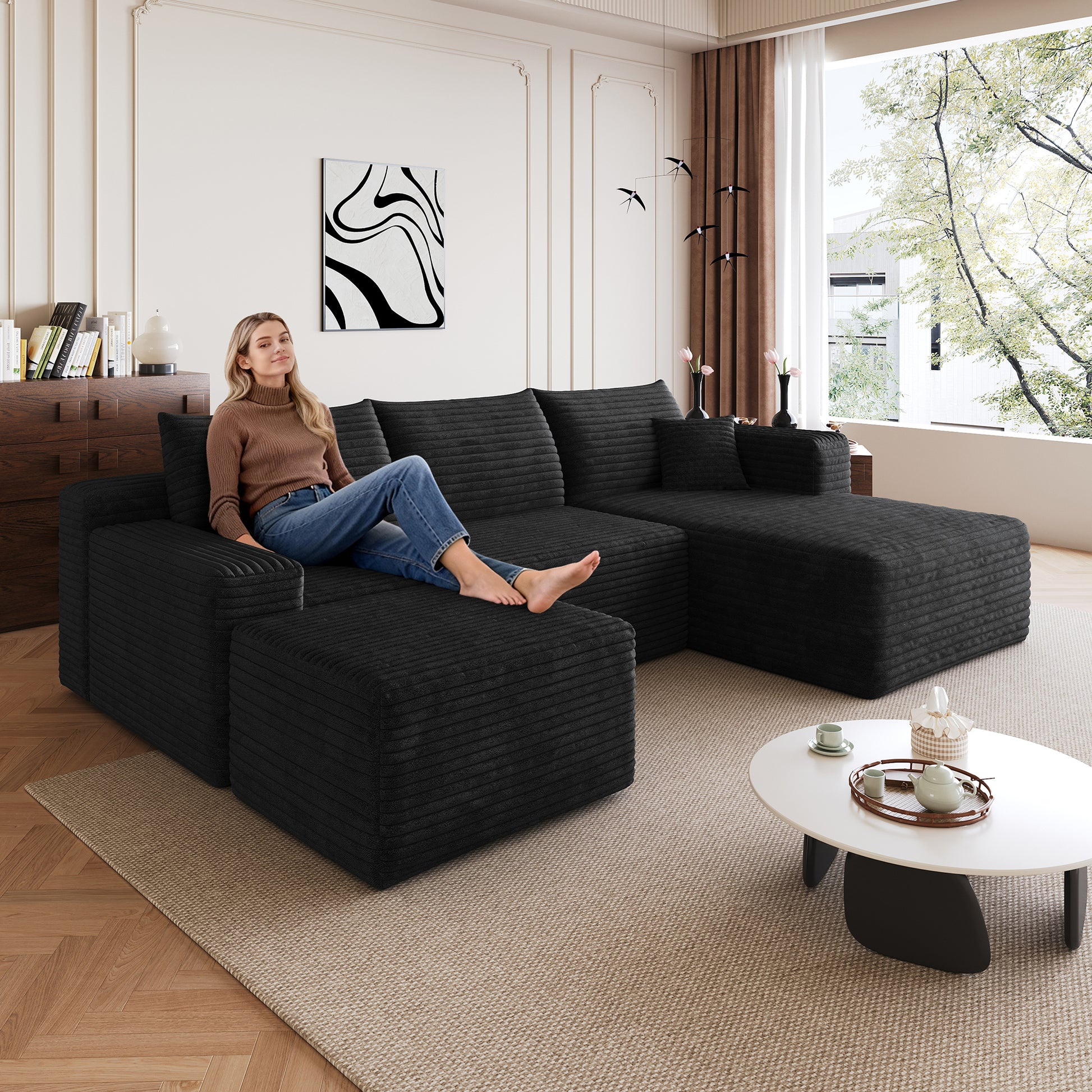 95" Cloud Sectional Sofa with 1 Ottoman,Modern Minimalist Upholstered Couches, Comfort U Shaped Sofa for Living Room,Deep Seat Corner Couch,No Assembly Required,Black (Plush Corduroy Fabric) image 3