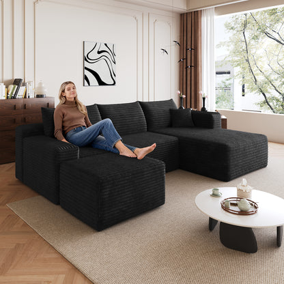 95" Cloud Sectional Sofa with 1 Ottoman,Modern Minimalist Upholstered Couches, Comfort U Shaped Sofa for Living Room,Deep Seat Corner Couch,No Assembly Required,Black (Plush Corduroy Fabric) image 3