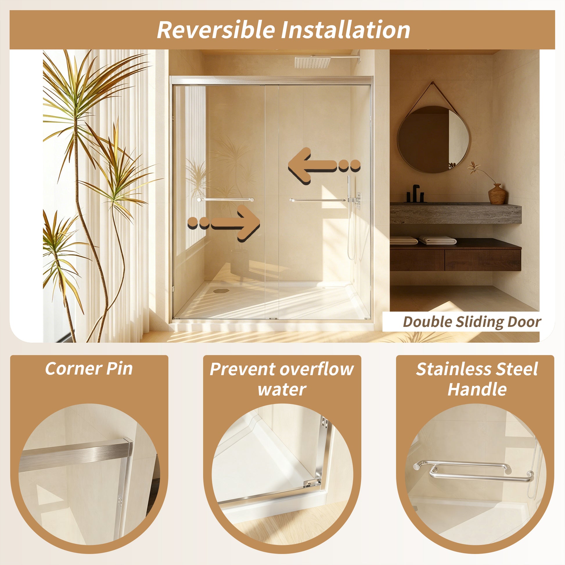 56-60 " x 72" Tempered Glass, Aluminum Frame Double Sliding Shower Door, "1/4 (6 mm), Stainless Steel handle,Brushed Nickel image 6