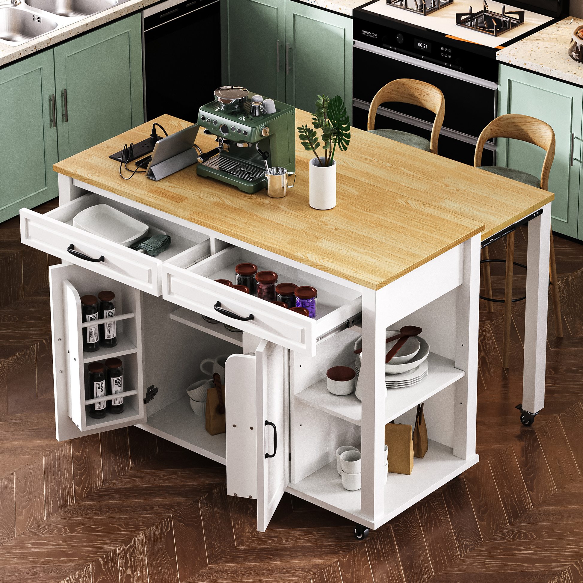K&K 47 inch Kitchen Island with Extendable Dining Table, Rubber Wood Veneer Kitchen Table with Internal Storage Rack, Power Outlet, Kitchen island with Storage 2 Drawers 2 Cabinet,White image 1