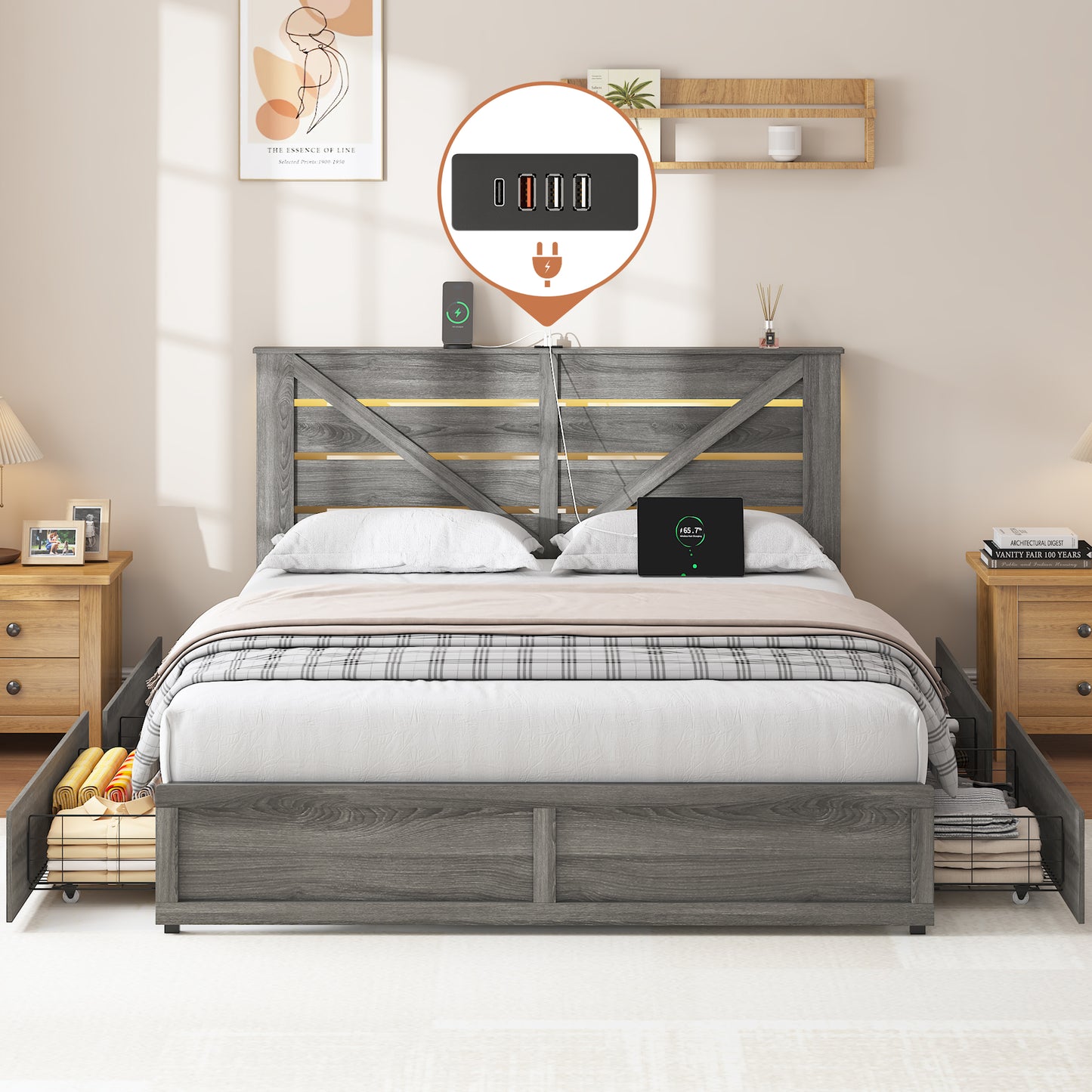 Queen-size Storage Bed Frame with Storage Headboard (4 Storage Drawers on Bed Body + LED Lighting) – Anti-slip & Noise-free Metal Mattress Support Platform + Sturdy Metal Slat Base, Grey image 1