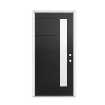 36"x80" Fiberglass Front Door with White 4-9/16" PVC Frame,Left-Hand Inswing Exterior Door with Brickmould,Contemporary minimalist brushed skin & Grooved line with frosted glass for Home Entrance, Bla image 5