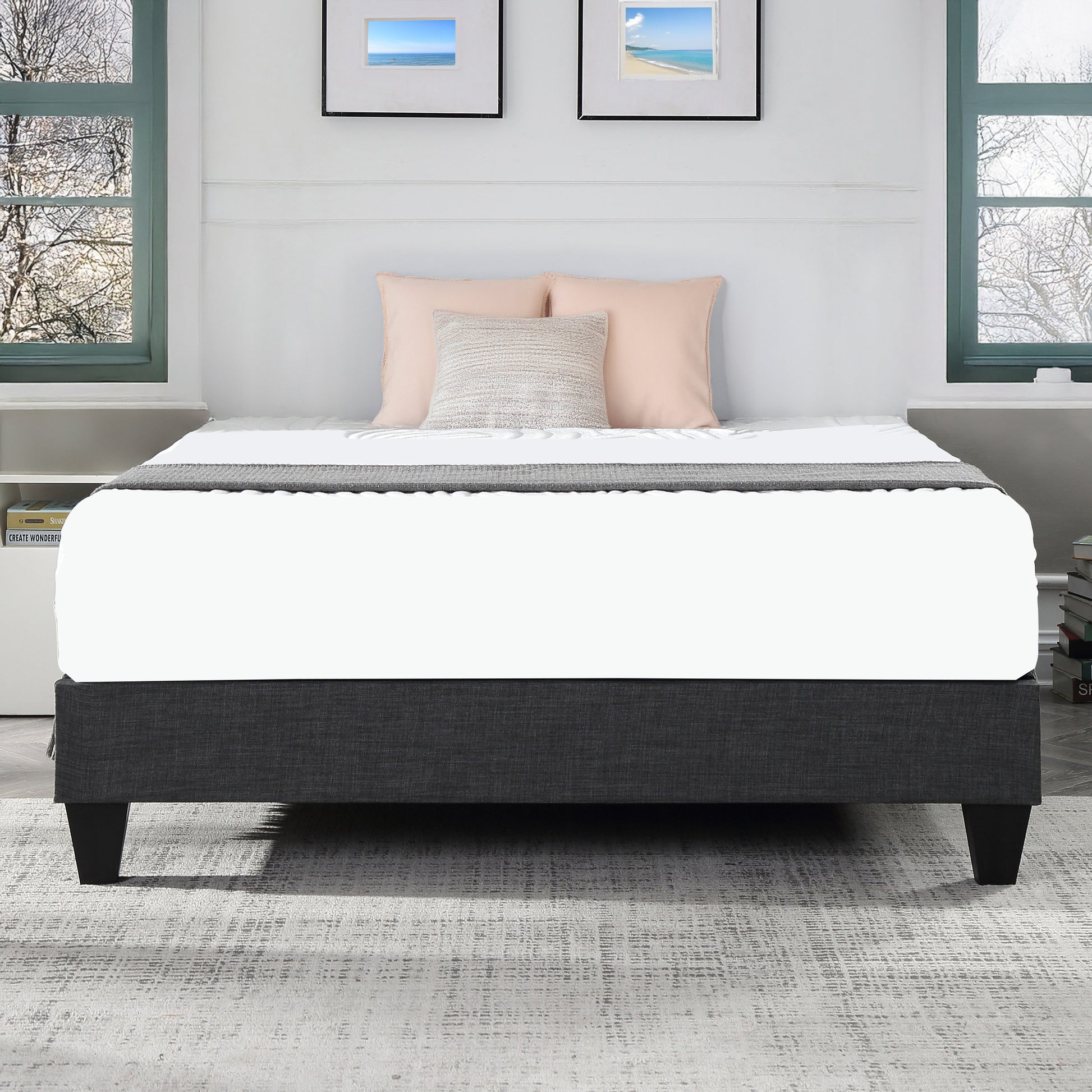 Contemporary Grey Upholstered Platform Bed, Polyester Fabric Bed Frame, Reinforced Support Geometric Foot Platform Bed No Box Spring Needed, Easy Assembly,King image 3