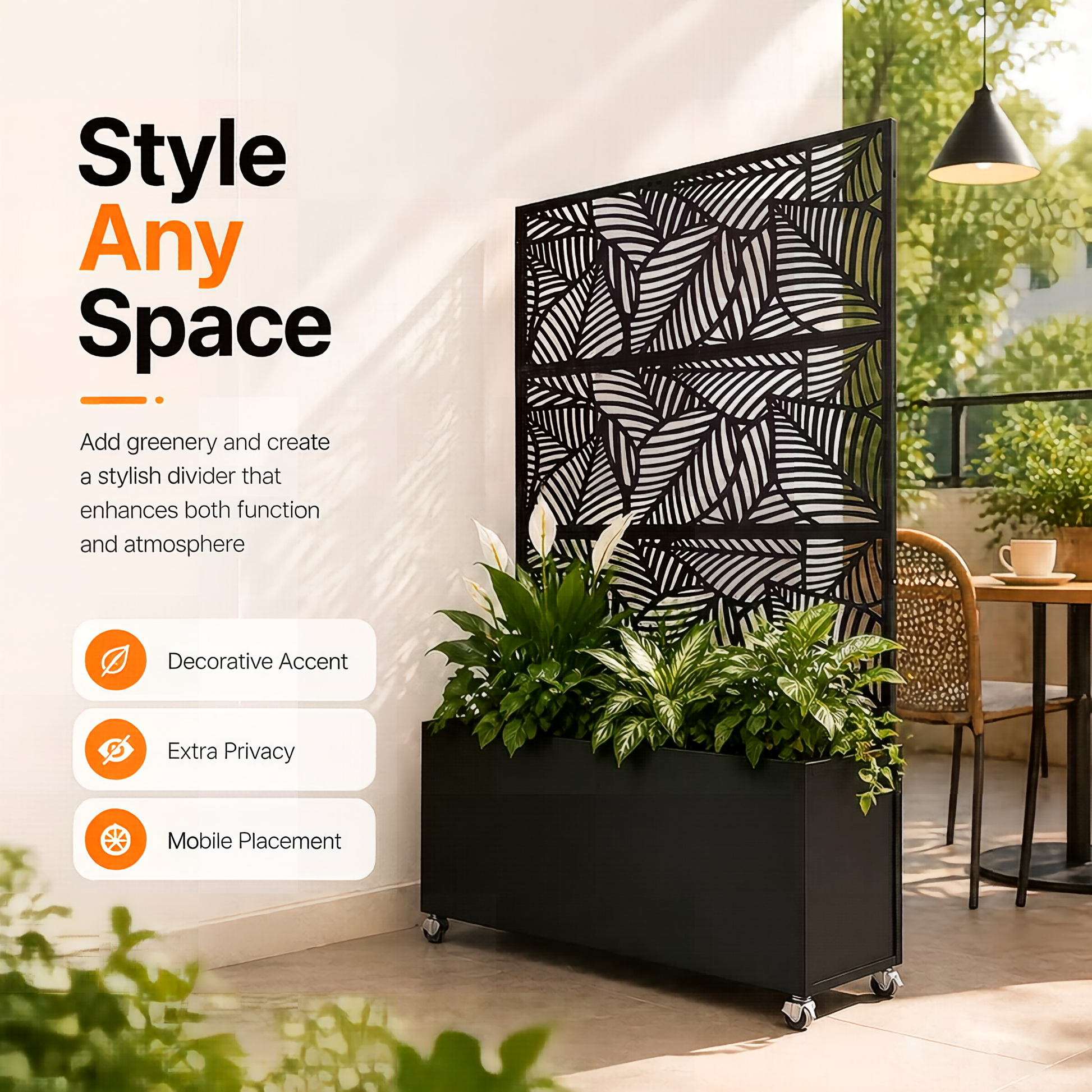 70.87" H × 46.06" W Leaf Pattern Privacy Screen with Planter Box, Black Metal Freestanding Decorative Fence Planter for Patio Balcony Backyard image 12