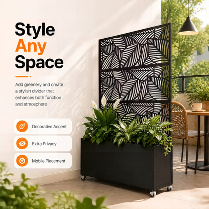 70.87" H × 46.06" W Leaf Pattern Privacy Screen with Planter Box, Black Metal Freestanding Decorative Fence Planter for Patio Balcony Backyard image 12