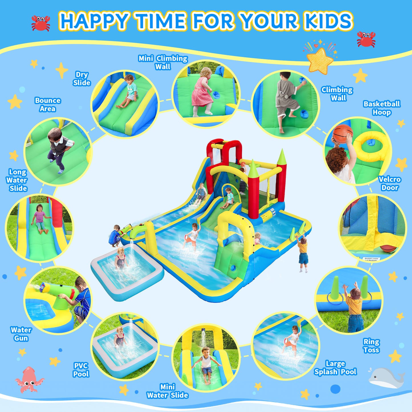 11 in1 Inflatable Slide Water Park Dry and Wet Slides Large Pool Water Gun Trampoline Climbing Wall Basketball Hoop and Ring Toss Game Outdoor Indoor Backyard Party Bounce Castle for Kids image 3