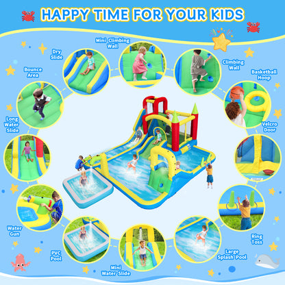 11 in1 Inflatable Slide Water Park Dry and Wet Slides Large Pool Water Gun Trampoline Climbing Wall Basketball Hoop and Ring Toss Game Outdoor Indoor Backyard Party Bounce Castle for Kids image 3