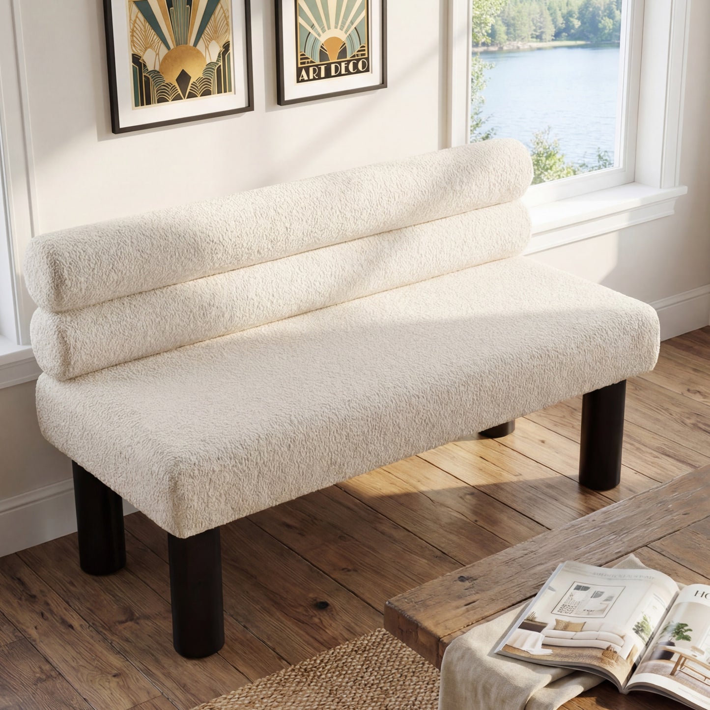 Upholstered Dining Bench, End of Bed, Entryway Bench, Ottoman for Dining Room, Bedroom, Living Room, Rubber Wood Leg 300 LBS Support, Beige image 2