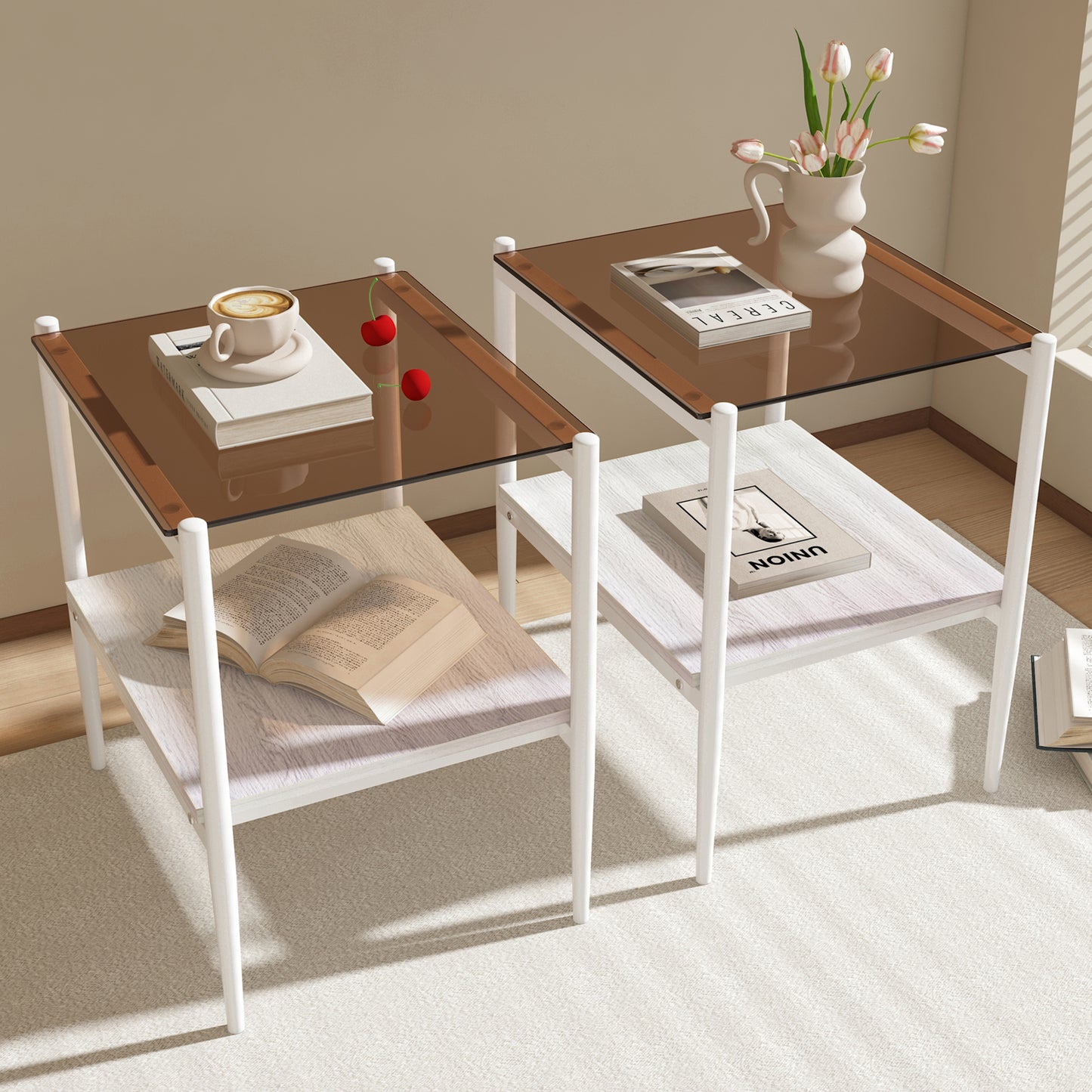 Set of 2 Rectangle End Table, Tempered Glass Tabletop with MDF layer, Modern Table for Living Room, Brown Glass image 3