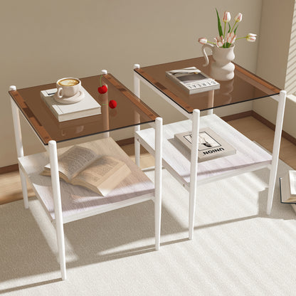 Set of 2 Rectangle End Table, Tempered Glass Tabletop with MDF layer, Modern Table for Living Room, Brown Glass image 3