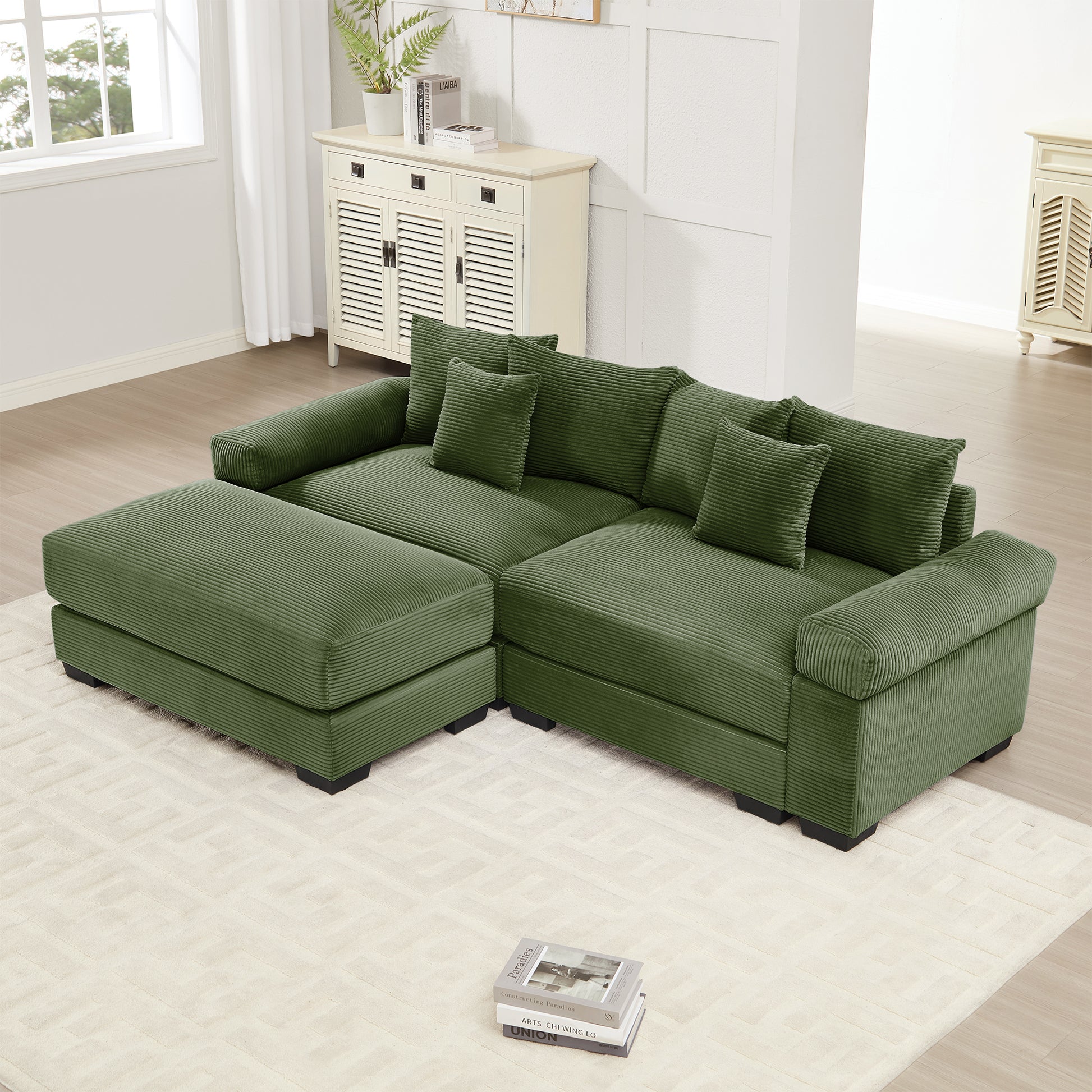 92" Oversized Cloud Modular L-Shape Sectional Couch, Soft Corduroy Fabric, with Chaise, Deep Seat Wide Armrests, Ergonomic Design, 6 Throw Pillows, Easy Assembly, for Living Rooms, Lounges,Green image 1