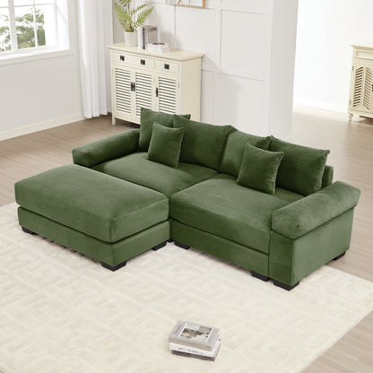 92" Oversized Cloud Modular L-Shape Sectional Couch, Soft Corduroy Fabric, with Chaise, Deep Seat Wide Armrests, Ergonomic Design, 6 Throw Pillows, Easy Assembly, for Living Rooms, Lounges,Green image 1
