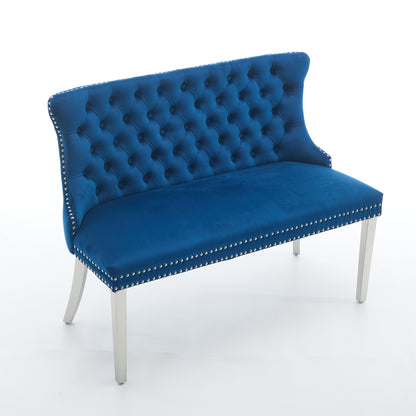 Velvet Double Dining Loveseat Bench, Kitchen & Dining Seating, 2-Seat Tufted Bench w/Handmade Buttons, Wing Back, Brushed Silver Stainless Steel Legs, Mid Century Modern,Single Pack,Blue,SW1702BL image 4